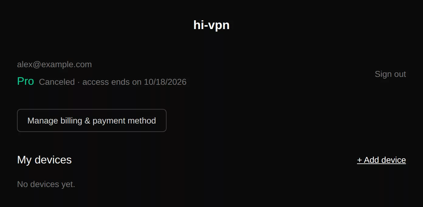 Account page after cancelling: Canceled, access ends on a date