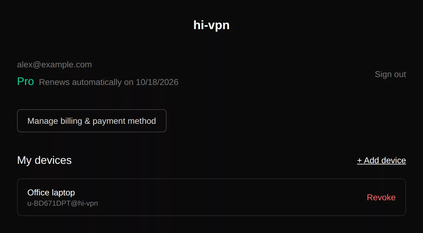 Account page: Pro, renews automatically, Manage billing & payment method, My devices