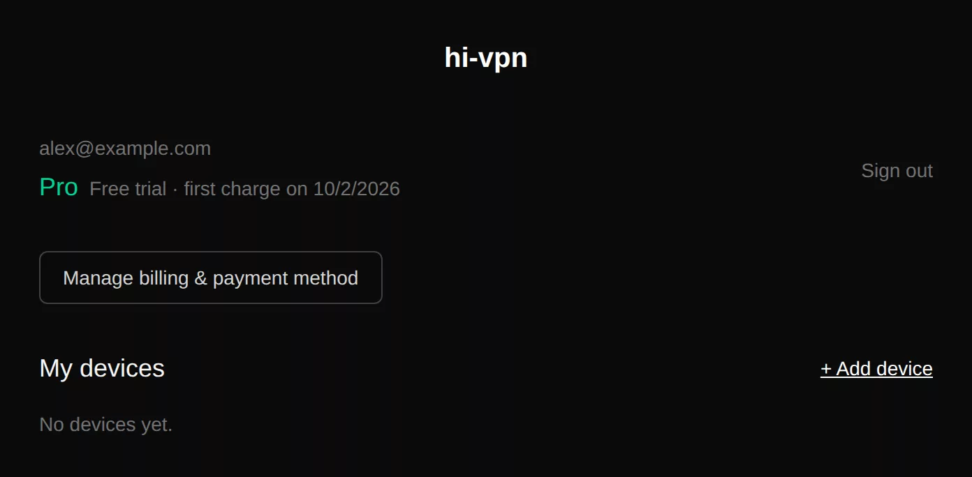 Account page during the trial: Pro, free trial, first charge date
