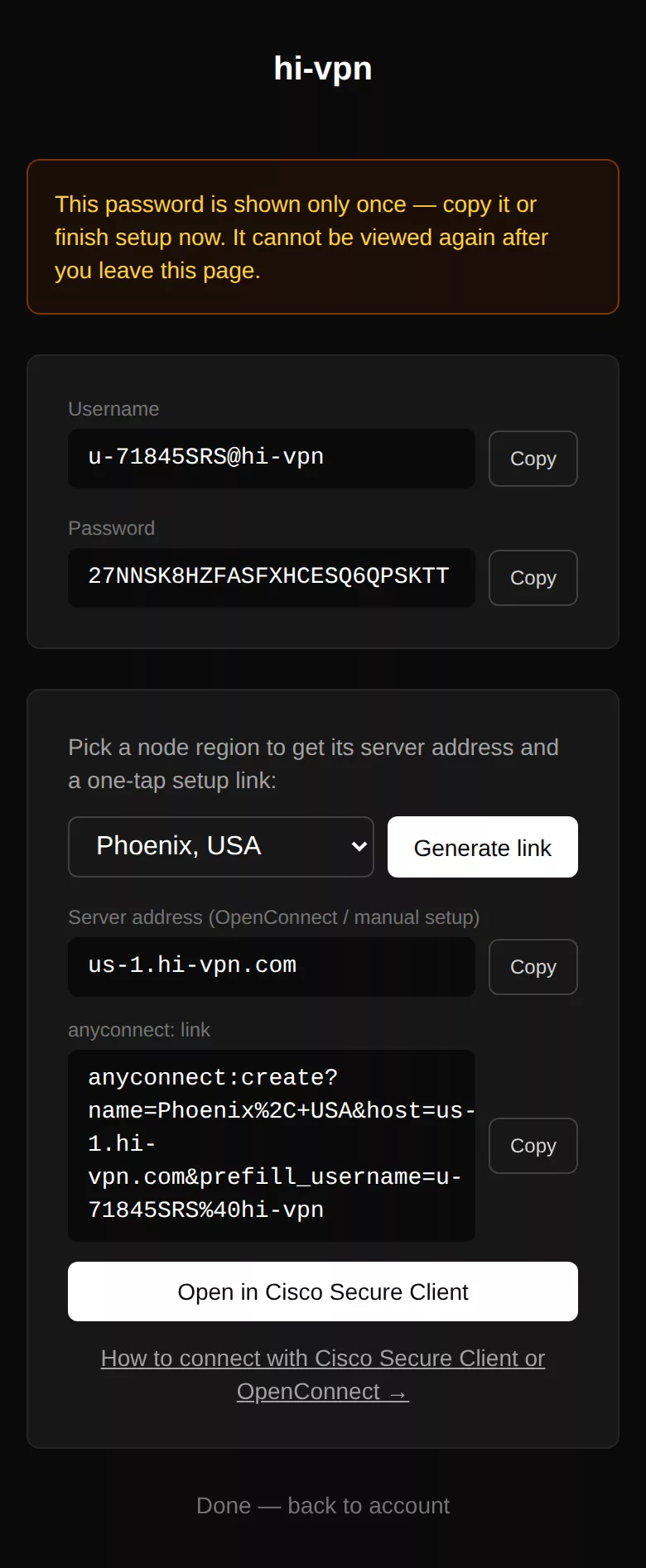 The add device page on a phone with the Open in Cisco Secure Client button