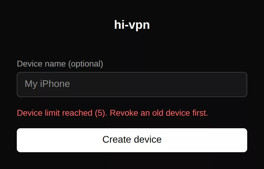 Device limit reached message on the add device page